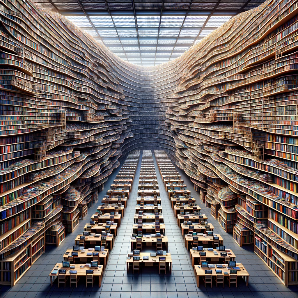 a-massive-sprawling-bookshelf-that-stretches-infinitely-symbolizing-a-data-warehouse.-